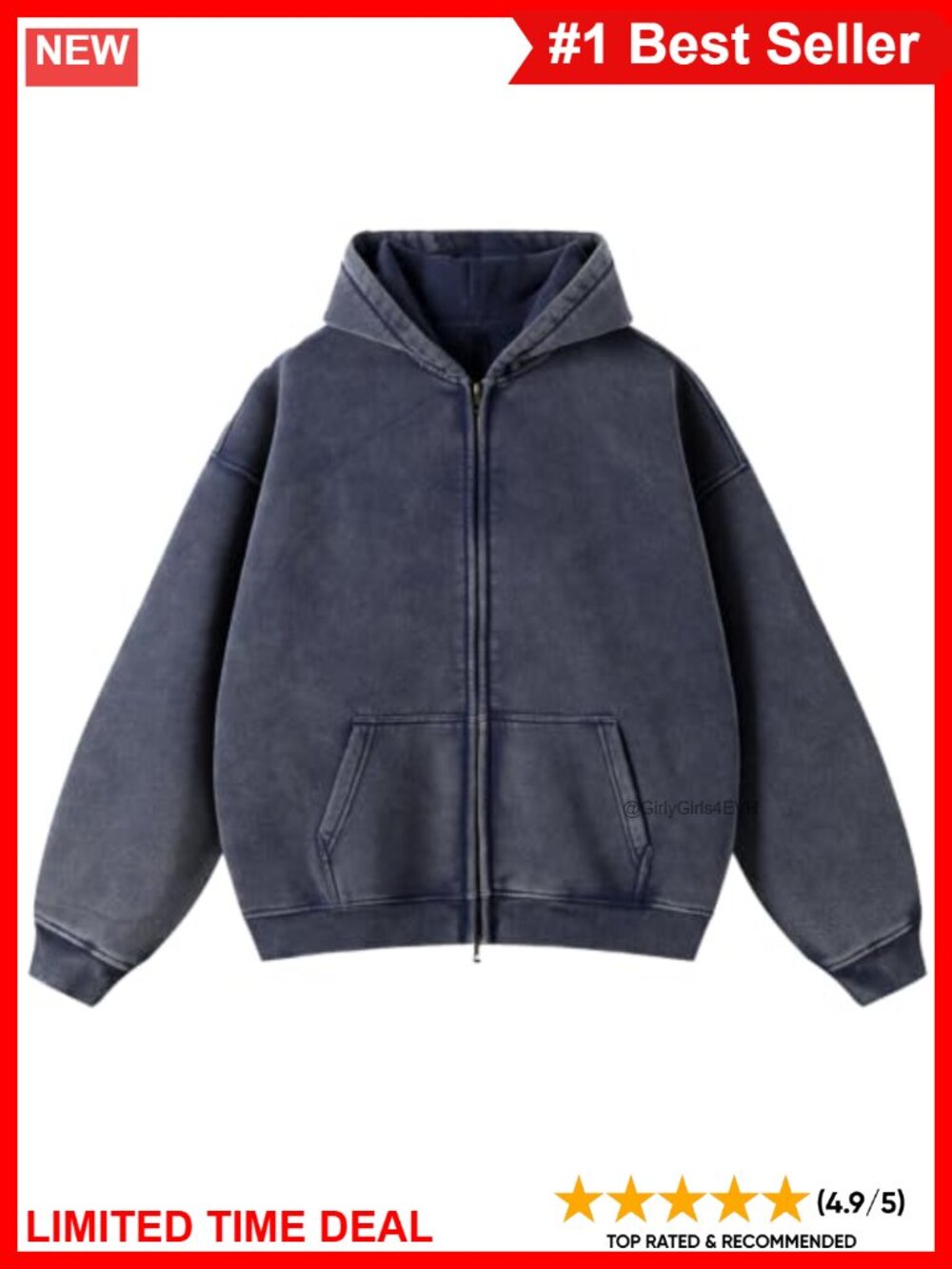 Oversized Fleece Hoodie Double Zip Up Acid Wash Sweatshirt